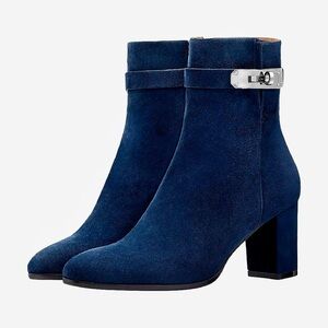 Hermes Saint Germain Ankle Boots – Blue Suede – Kelly Buckle – IT 37.5